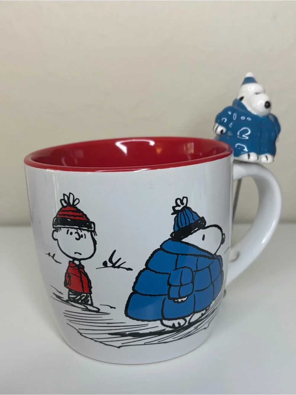 Peanuts Snoopy Woodstock Blue Puffer Jacket Winter Coffee Mug 2025 w/Stir